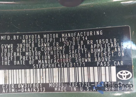 2014 Toyota Corolla Le Eco Plus из США, поврежденный, VIN 5YFBPRHE4EP081171